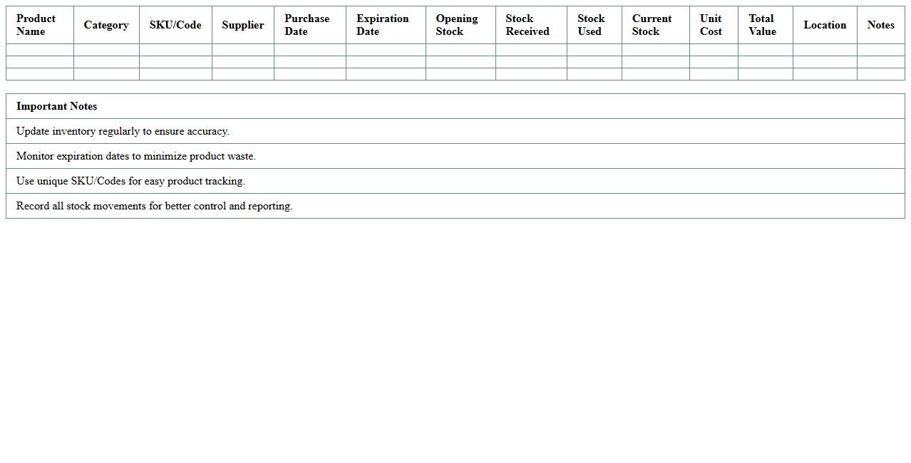Spa Product Inventory Excel Template for Resorts