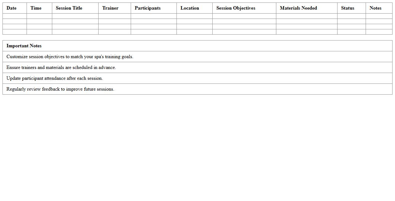 Spa Training Session Planner Excel Template