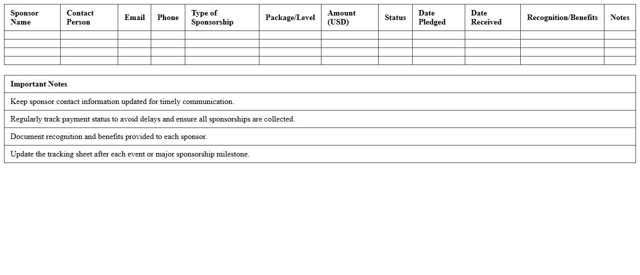 Sponsorship Tracking Sheet for Events