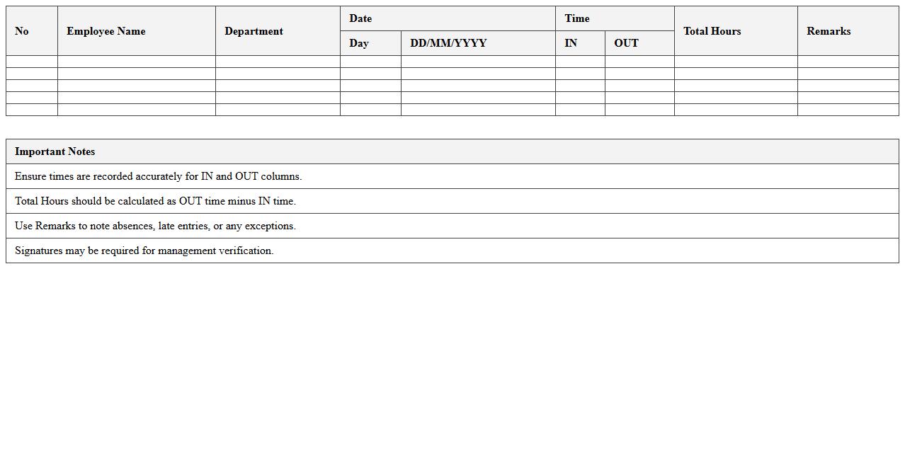 Staff In/Out Timesheet Excel Spreadsheet