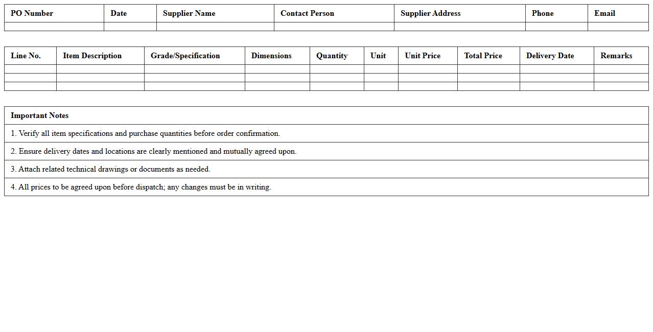 Structural Steel Purchase Order Excel Template for Suppliers