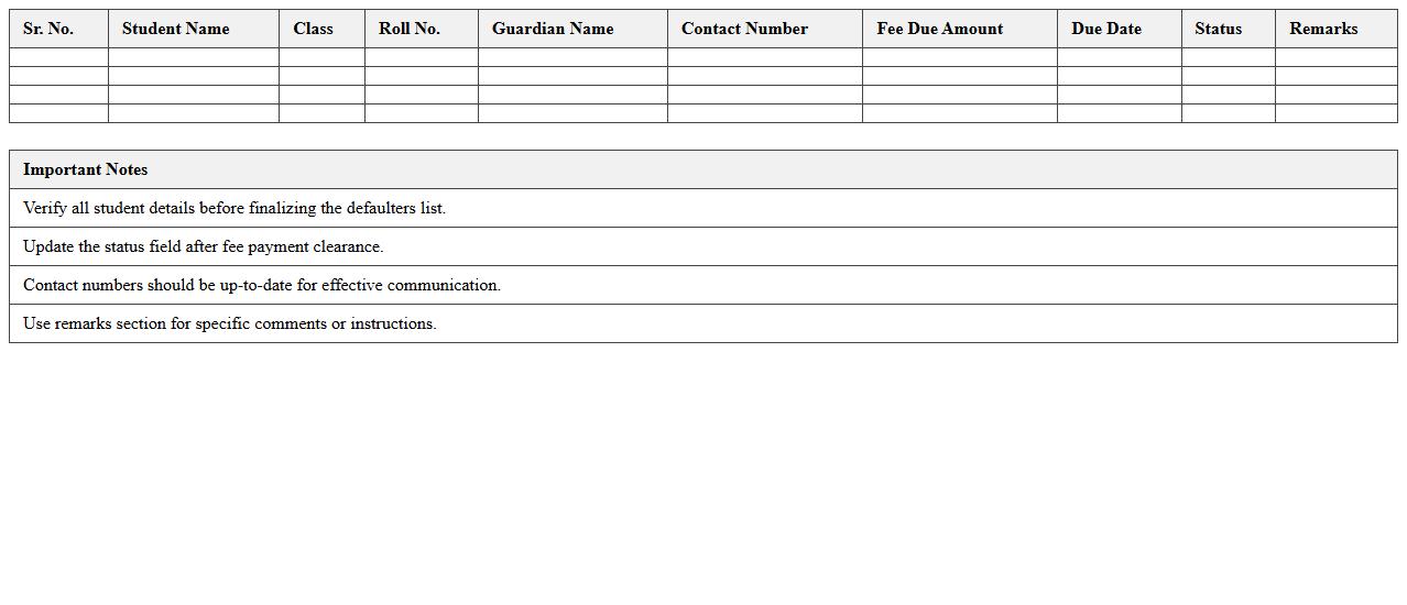 Student Fee Defaulters List Excel Template