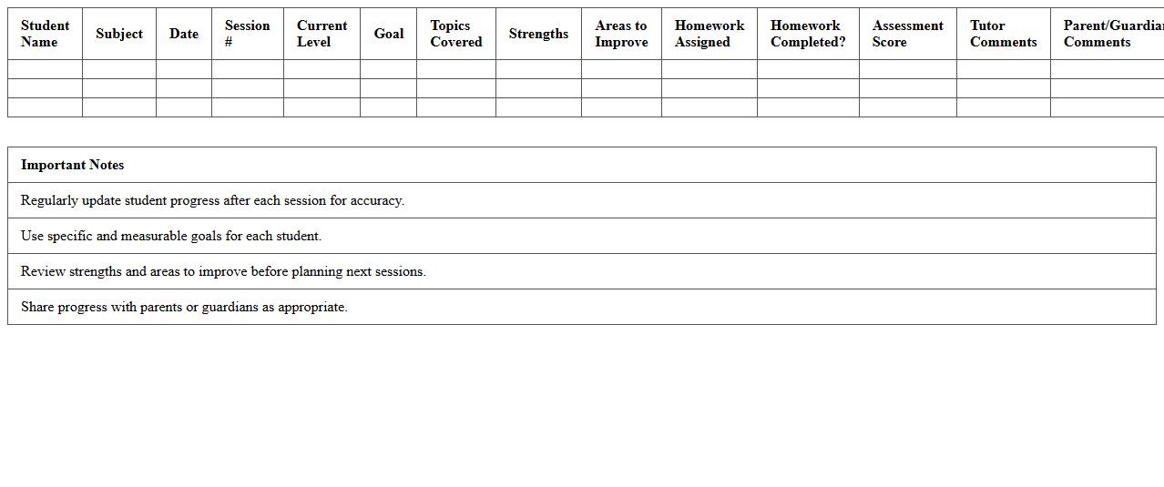 Student Progress Tracking Spreadsheet for Tutors