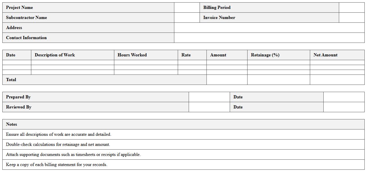 Subcontractor Billing Statement Template for Accountants