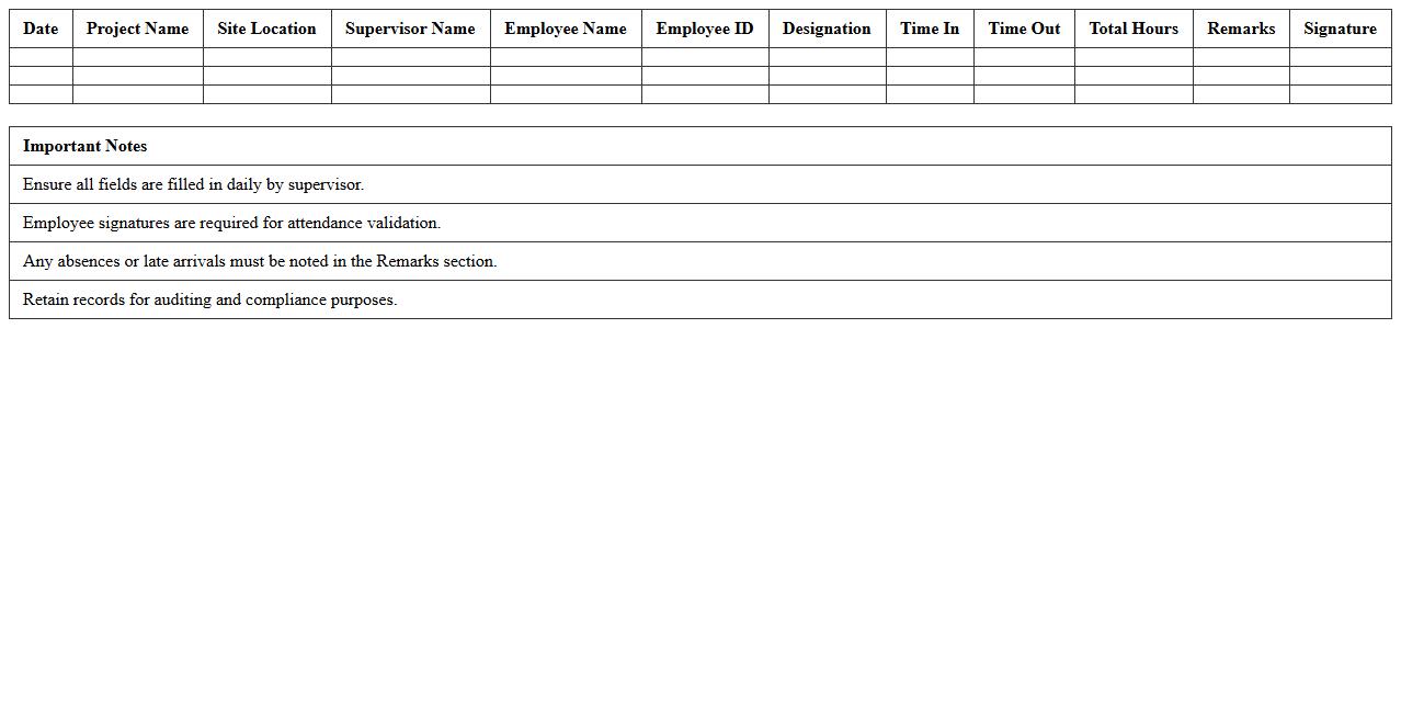 Supervisor Daily Site Attendance Record Excel