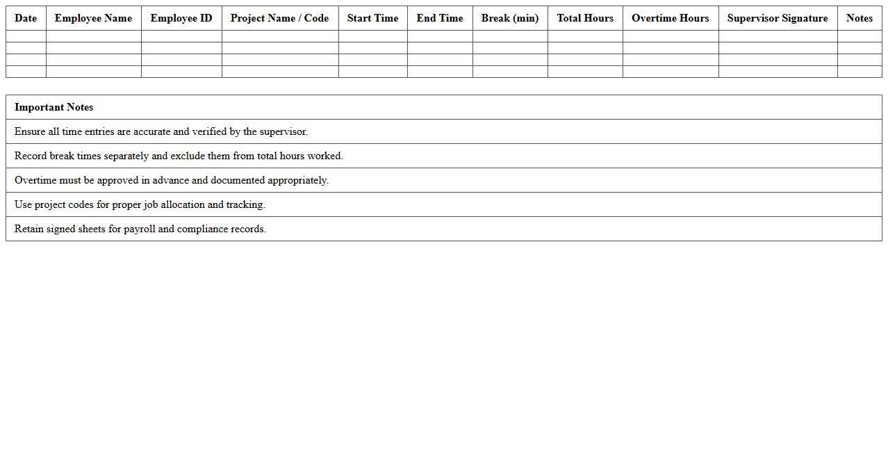 Time Clock Sheet for Construction Project Teams