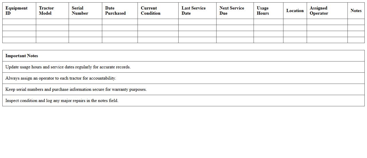 Tractor Equipment Inventory Tracking Excel Template