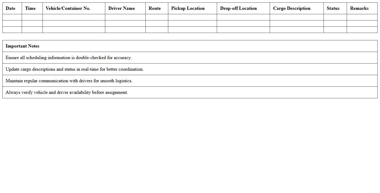 Transportation Logistics Schedule Template