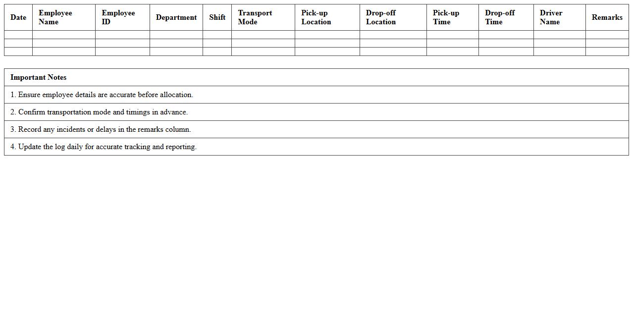 Transportation Shift Allocation Log for Employees