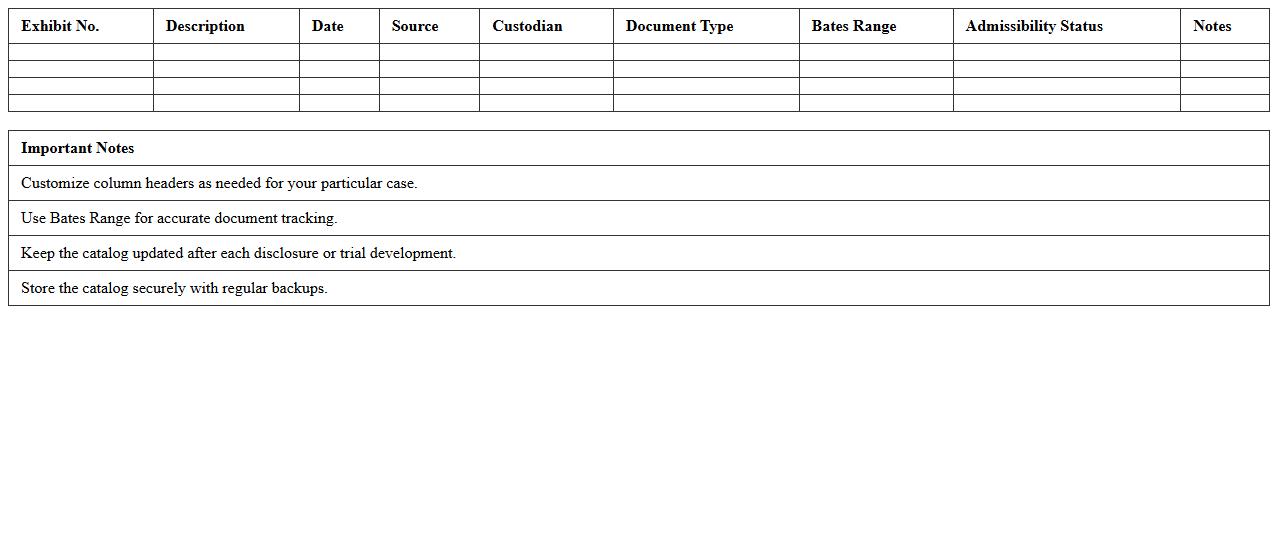 Trial Evidence Document Catalog Excel Template