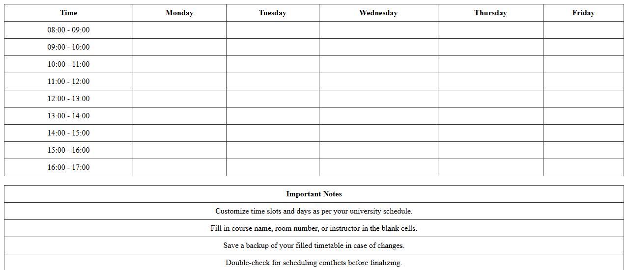 University Course Timetable Excel Template