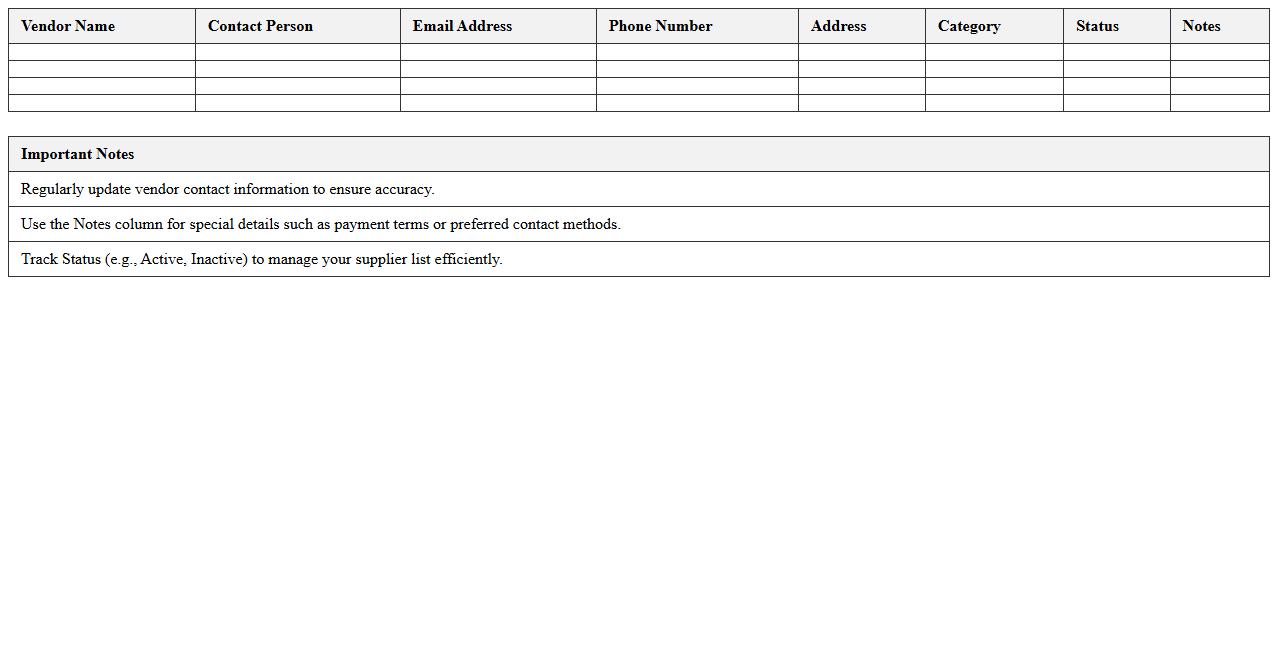 Vendor Contact Information Tracker Excel Template