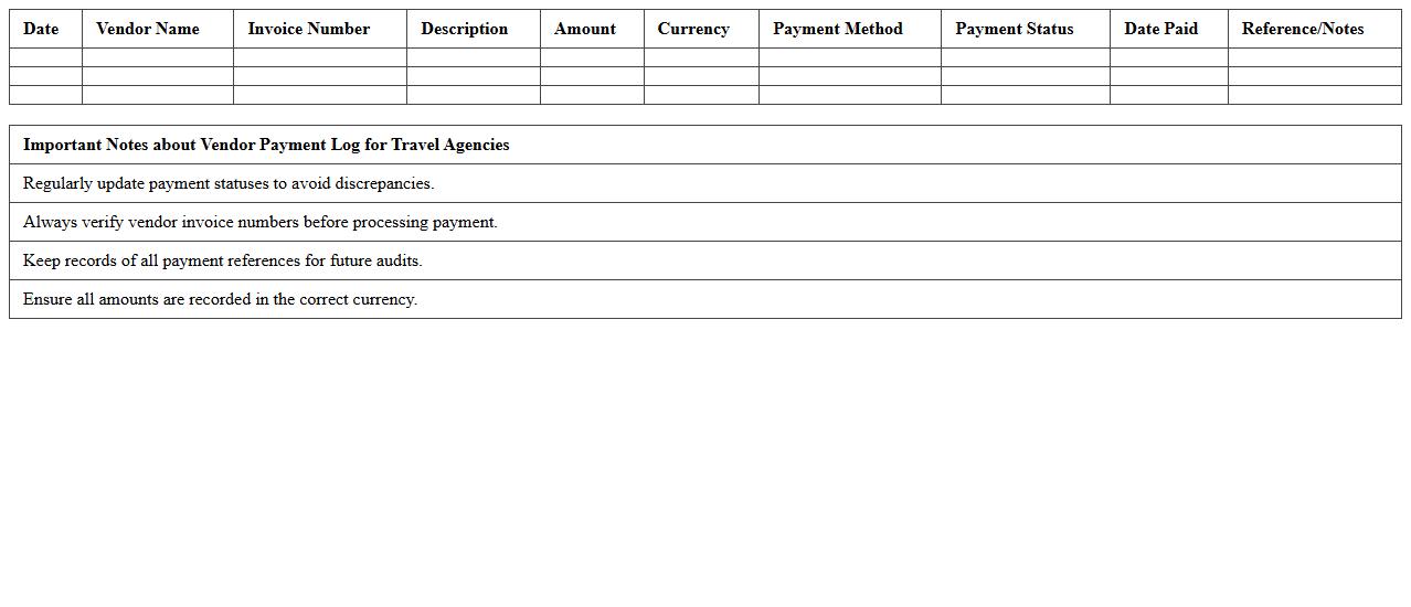 Vendor Payment Log for Travel Agencies