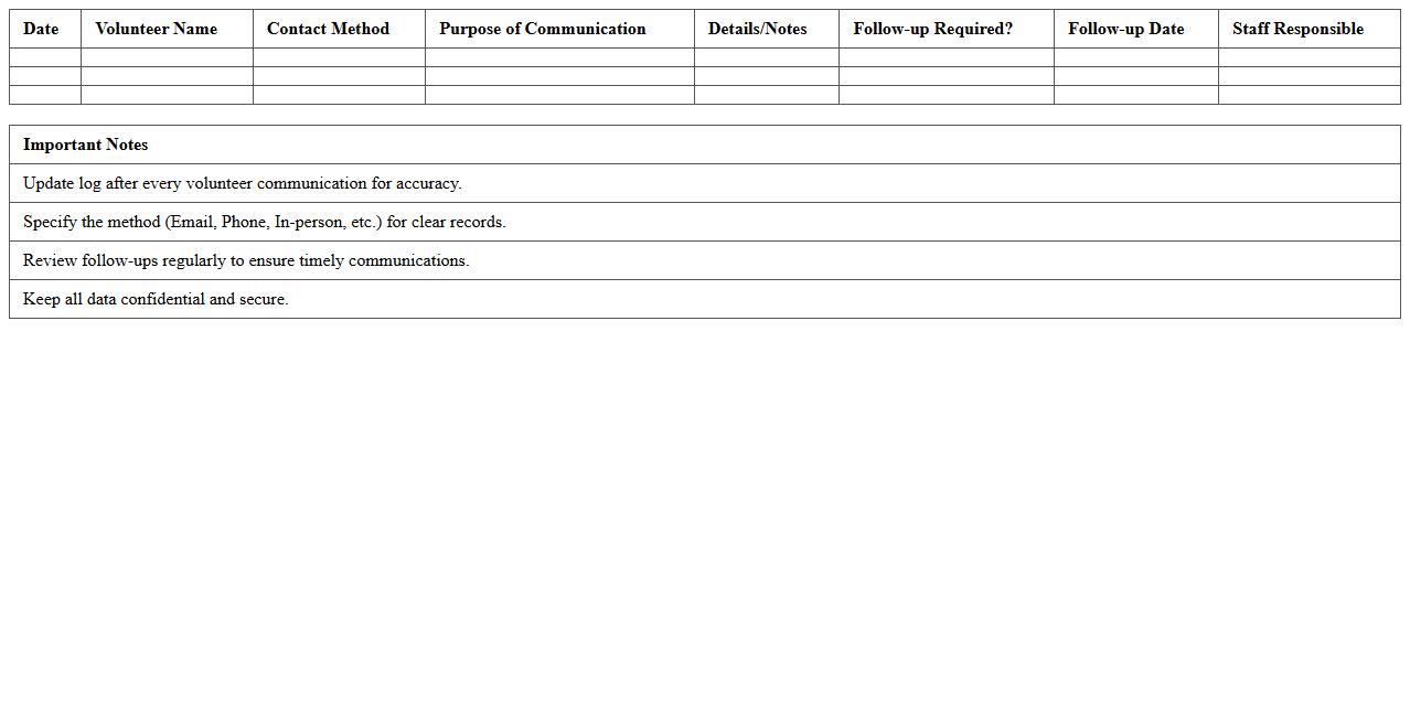 Volunteer Communication Log Excel Template
