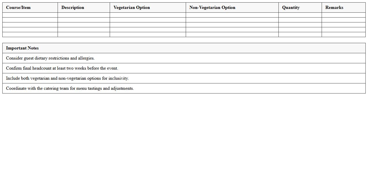 Wedding Menu Planning Excel Sheet