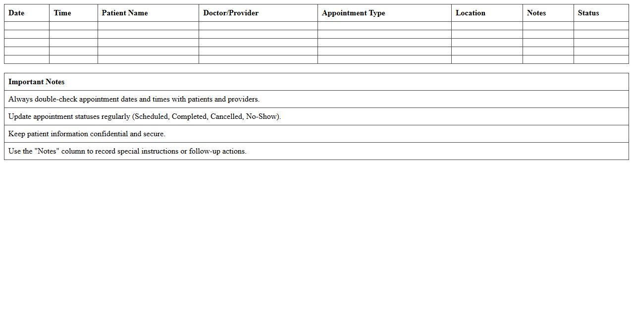 Weekly Healthcare Appointment Log Excel Template
