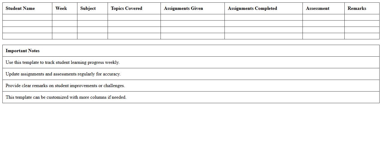 Weekly Student Learning Progress Excel Template