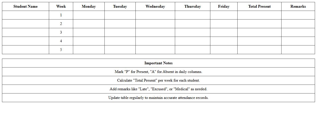 Weekly Student Presence Tracker Excel