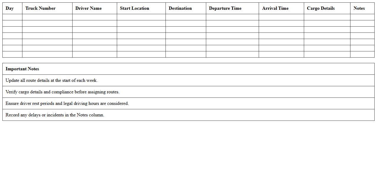 Weekly Truck Route Planner Excel Template