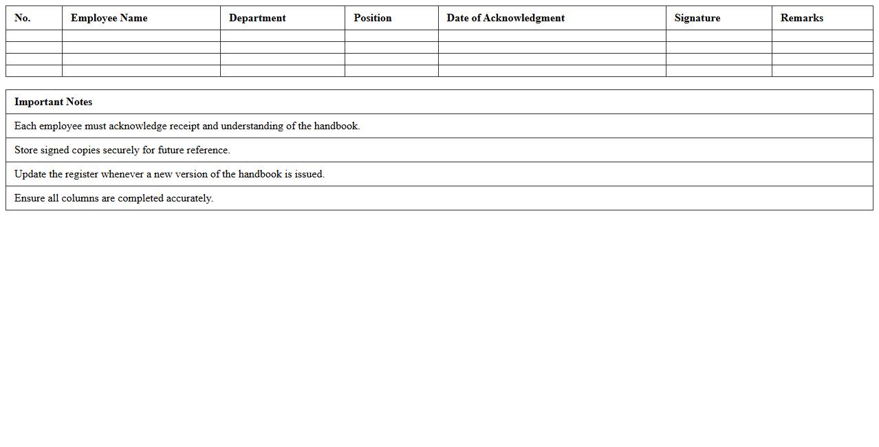 Workplace Handbook Acknowledgment Register Excel