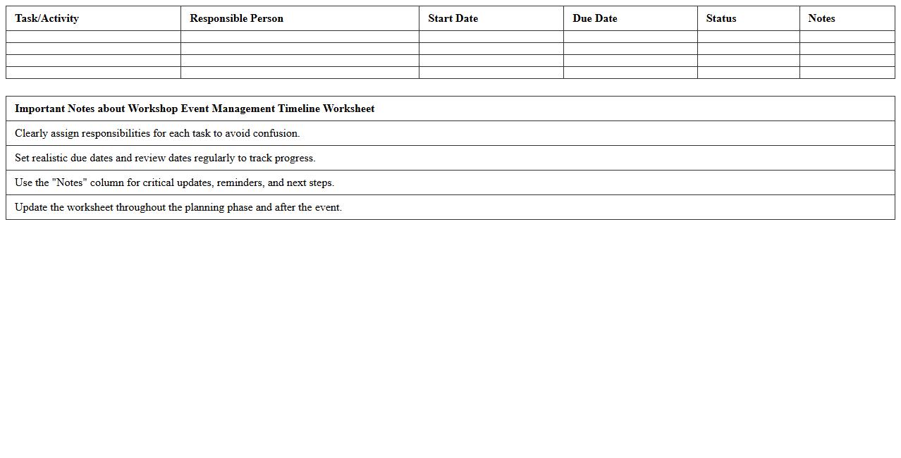 Workshop Event Management Timeline Worksheet