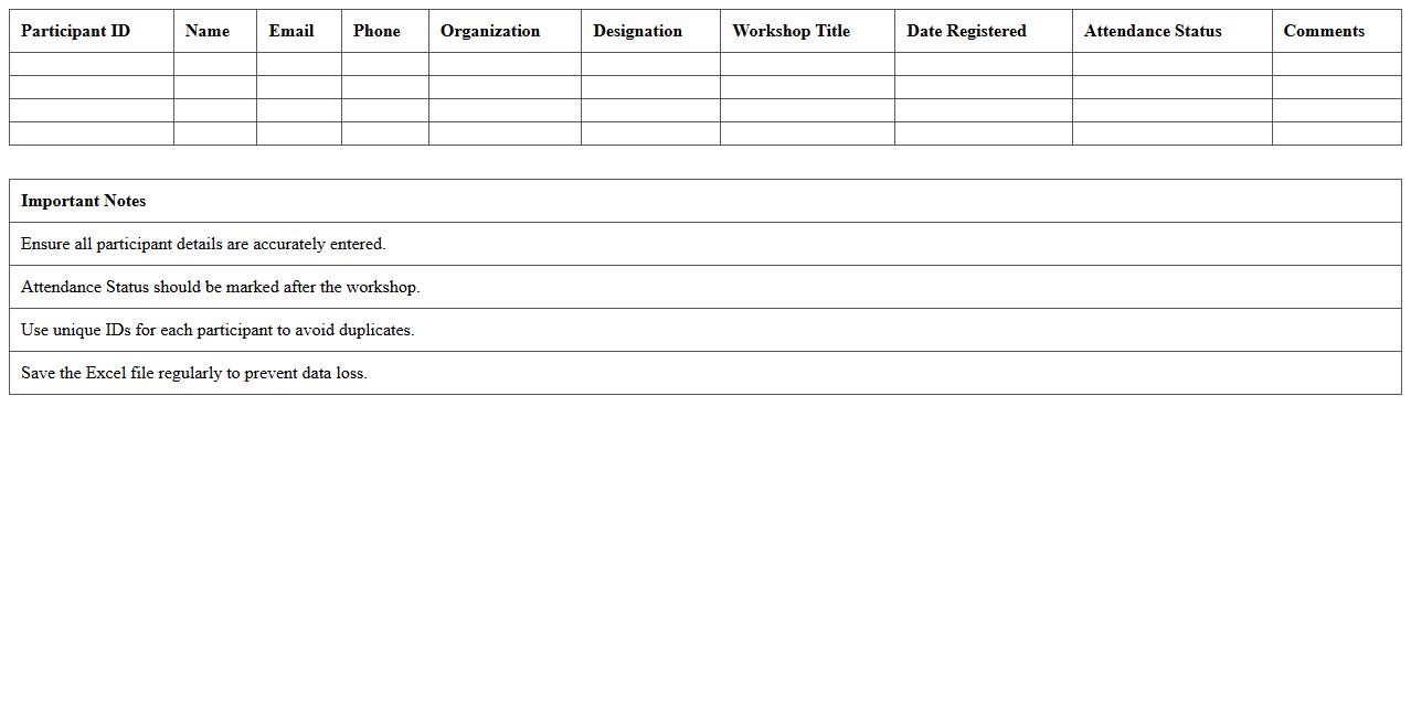 Workshop Participant Registration Excel Template