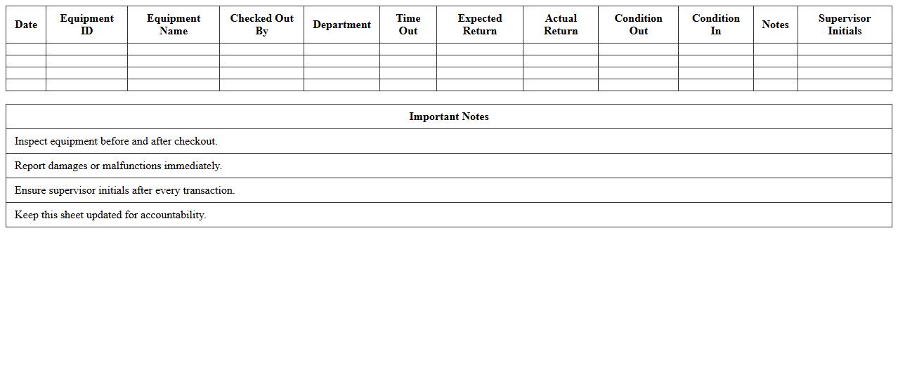 Agricultural Equipment Checkout Sheet Template