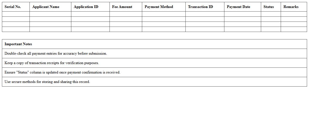 Application Fee Payment Record Excel Template
