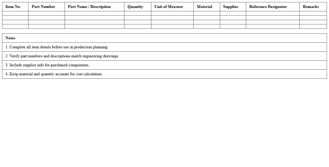 Assembly Bill of Materials Excel Layout
