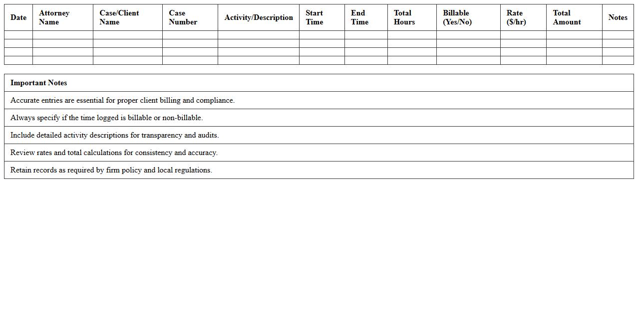 Attorney Time Tracking Sheet for Law Offices