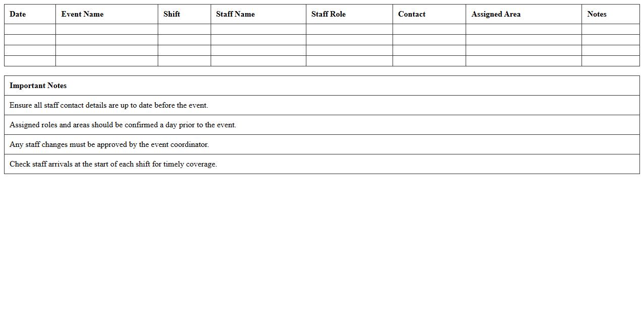 Banquet Hall Staff Assignment Roster Template