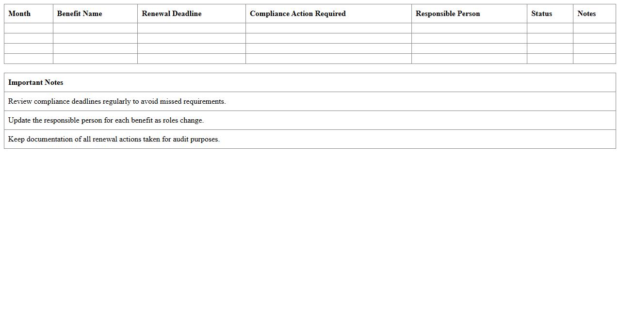 Benefits Renewal and Compliance Calendar Sheet