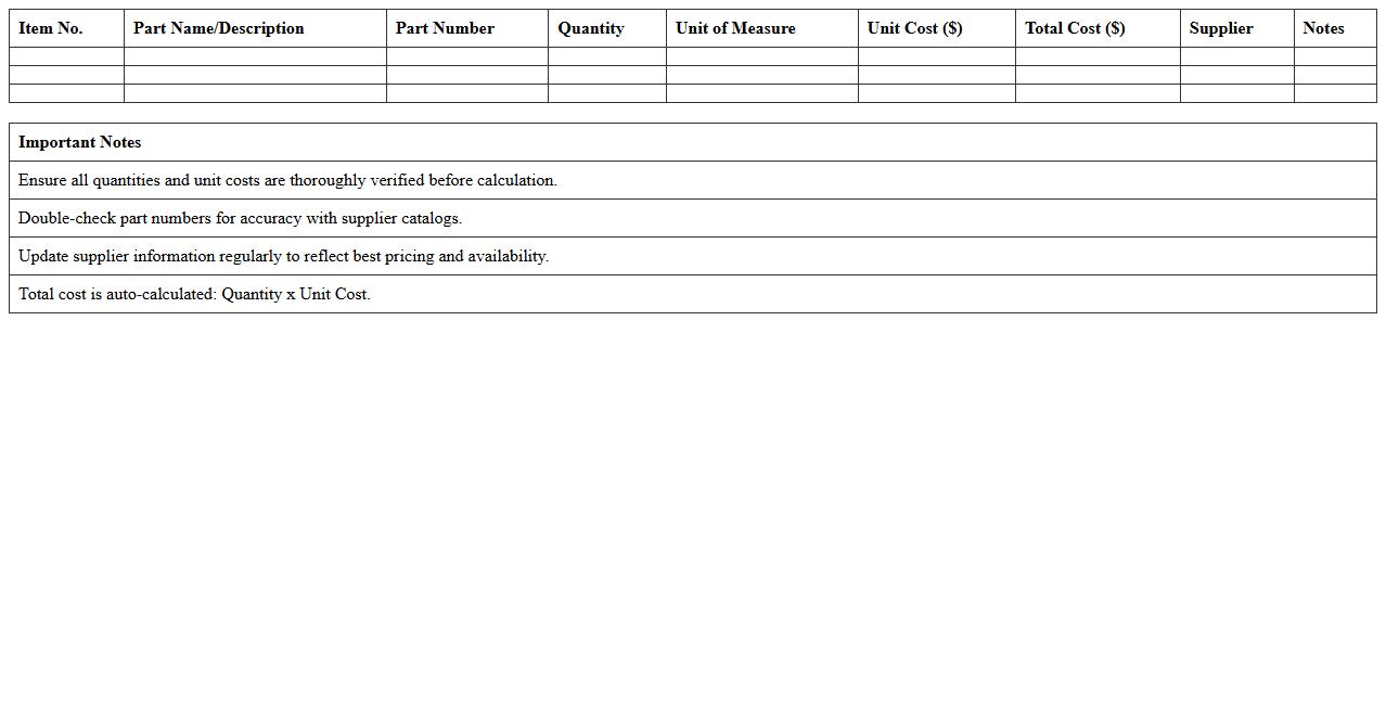 Bill of Materials Cost Estimator Excel