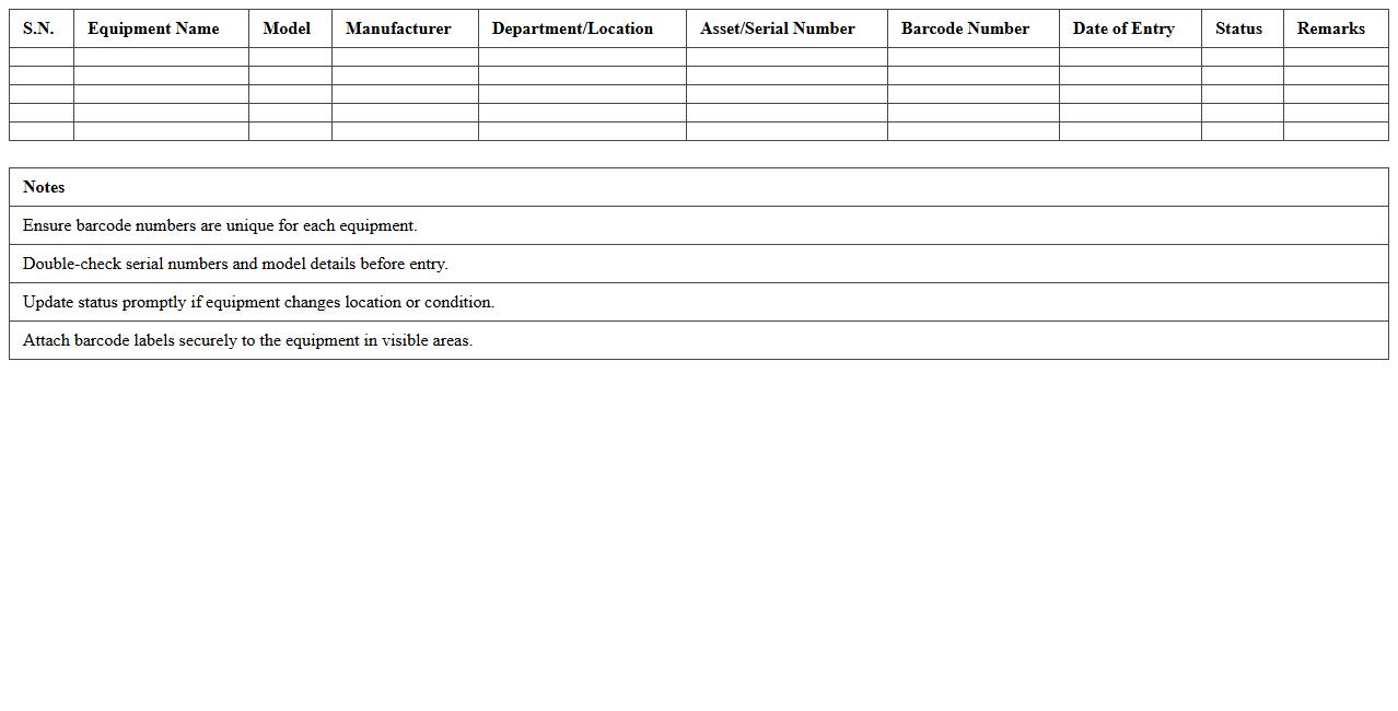 Biomedical Equipment Barcode Inventory Sheet