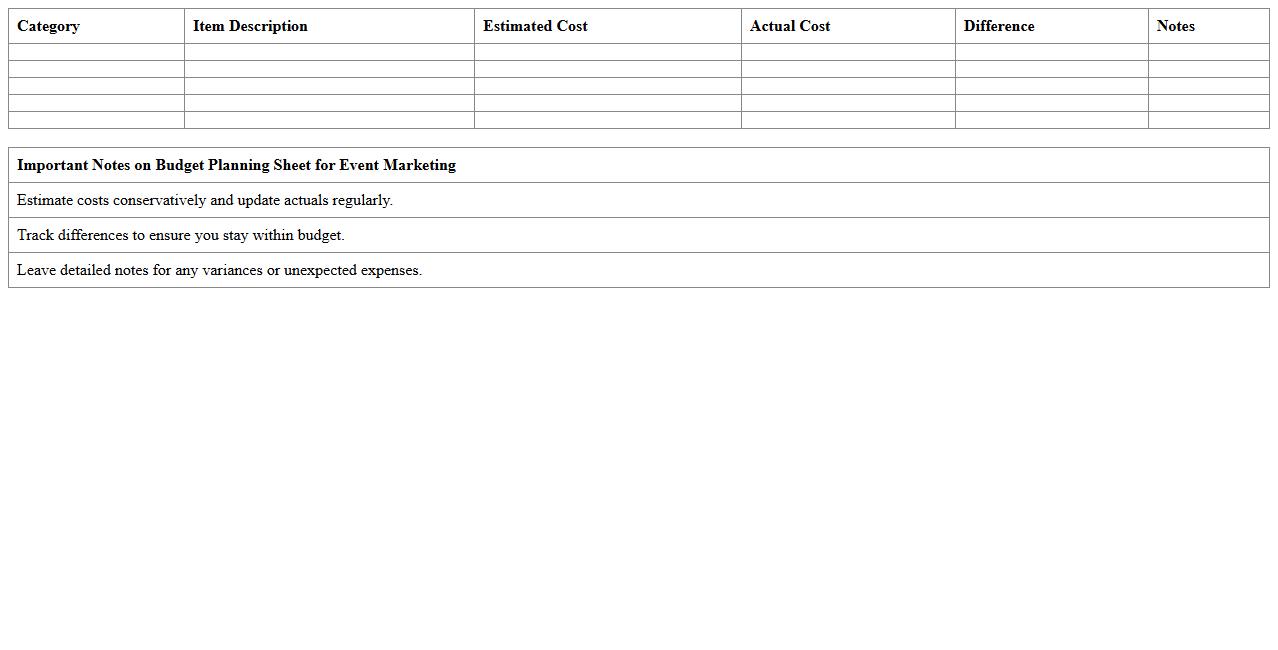 Budget Planning Sheet for Event Marketing