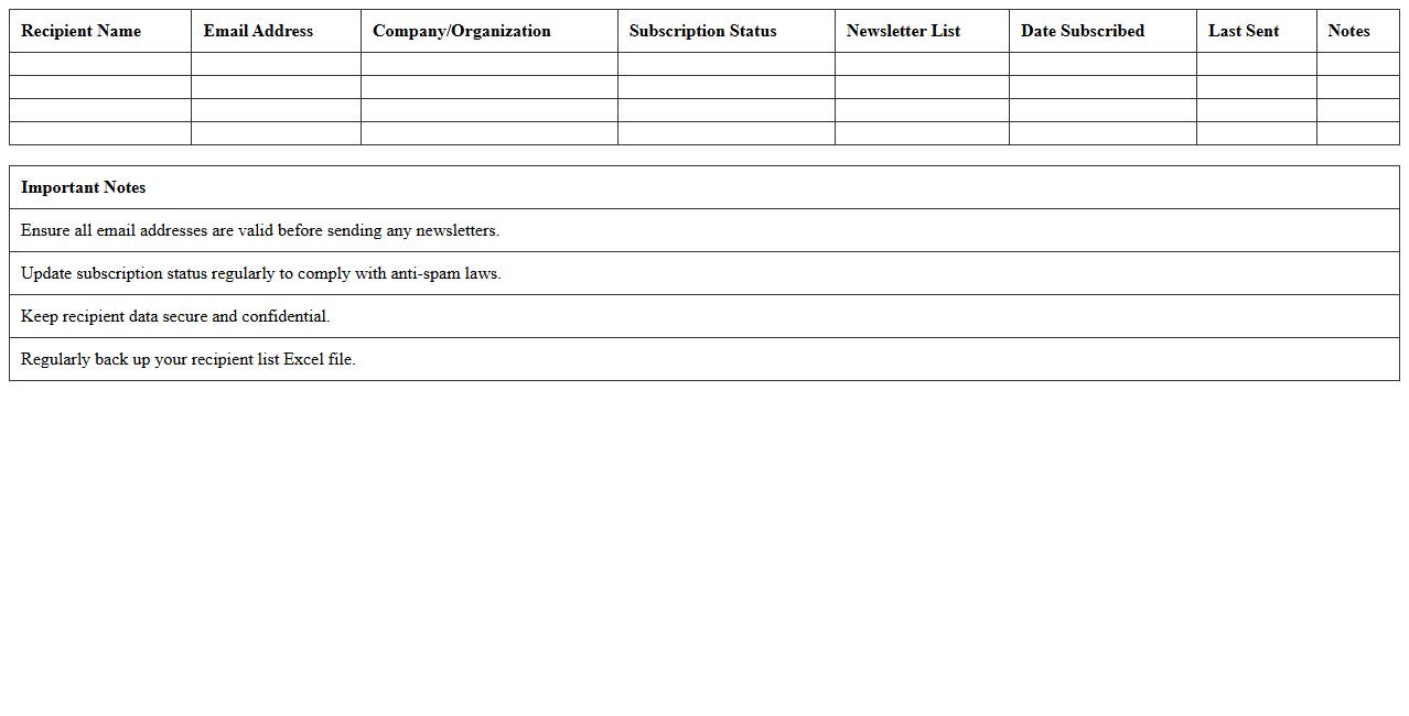 Bulk Email Newsletter Recipients Excel Organizer Template
