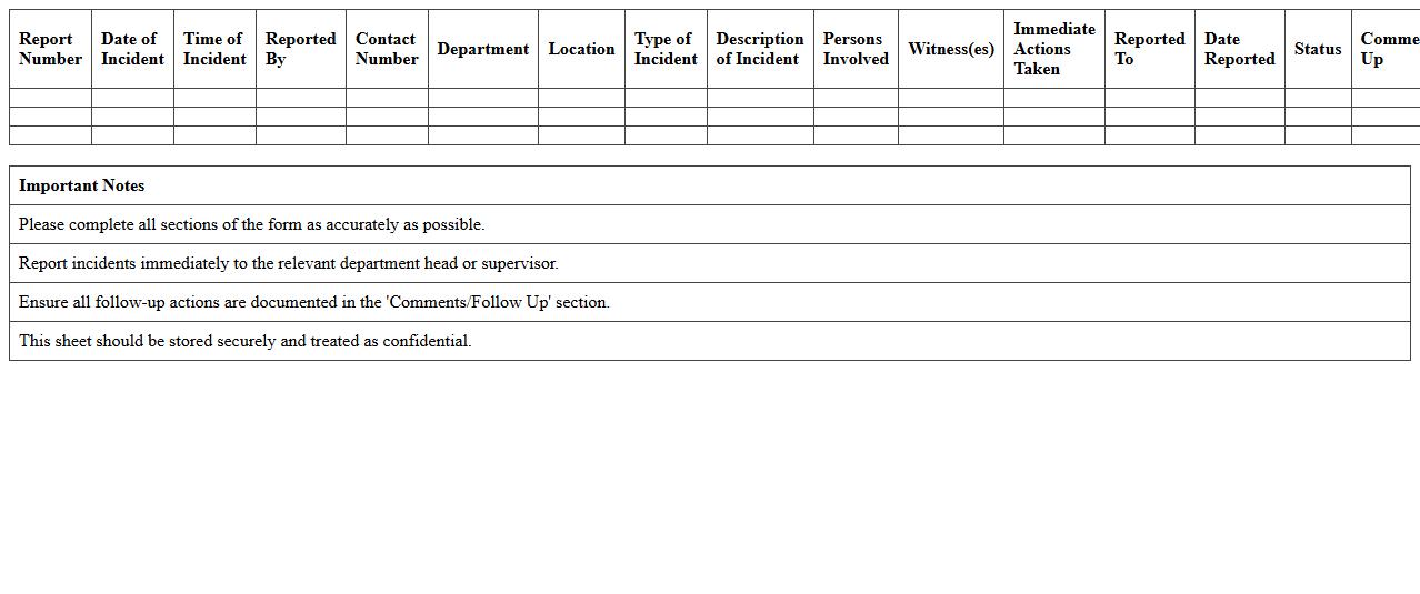 Claims Incident Reporting Sheet