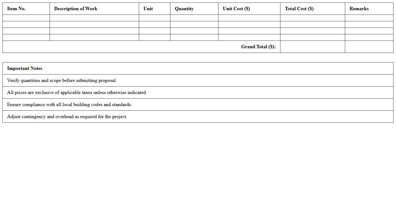 Commercial Construction Cost Proposal Excel Sheet