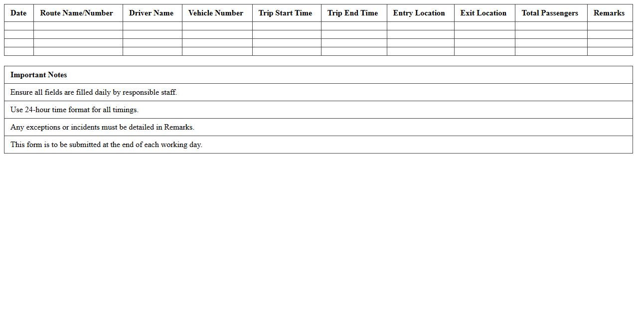 Commuter Route Daily Entry Record Template