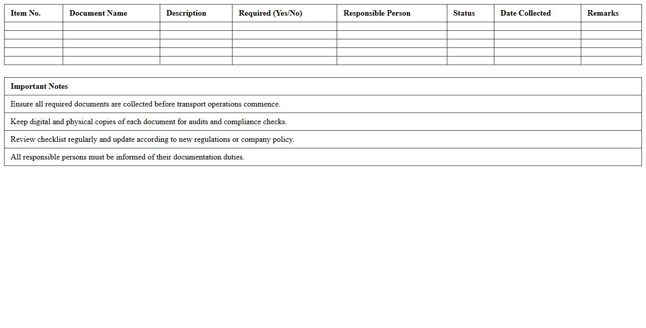 Compliance Documentation Checklist for Transportation Excel