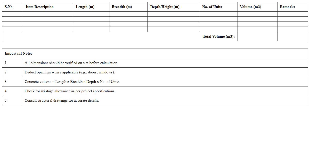 Concrete Volume Calculation Excel Template for Quantity Surveyors