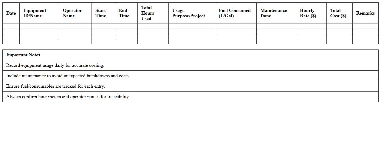 Construction Equipment Usage and Cost Log Template