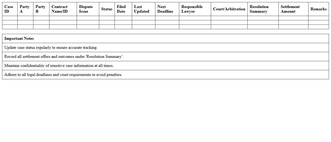 Contract Dispute Legal Case Tracker Excel