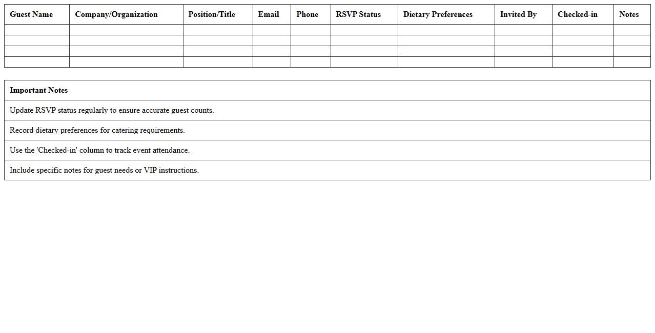 Corporate Event Guest List Tracker Excel Template