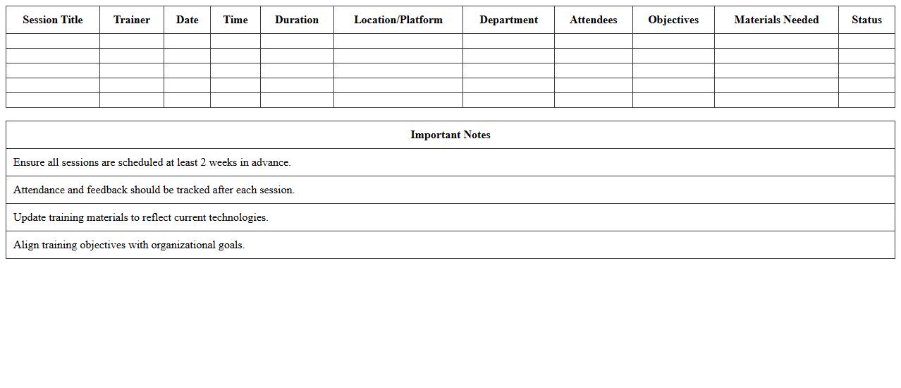 Corporate IT Staff Training Session Planner Spreadsheet