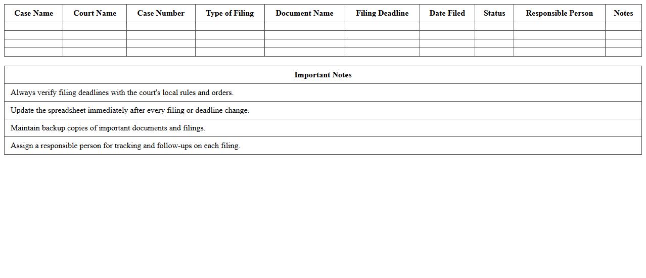 Court Filings and Deadlines Tracking Spreadsheet