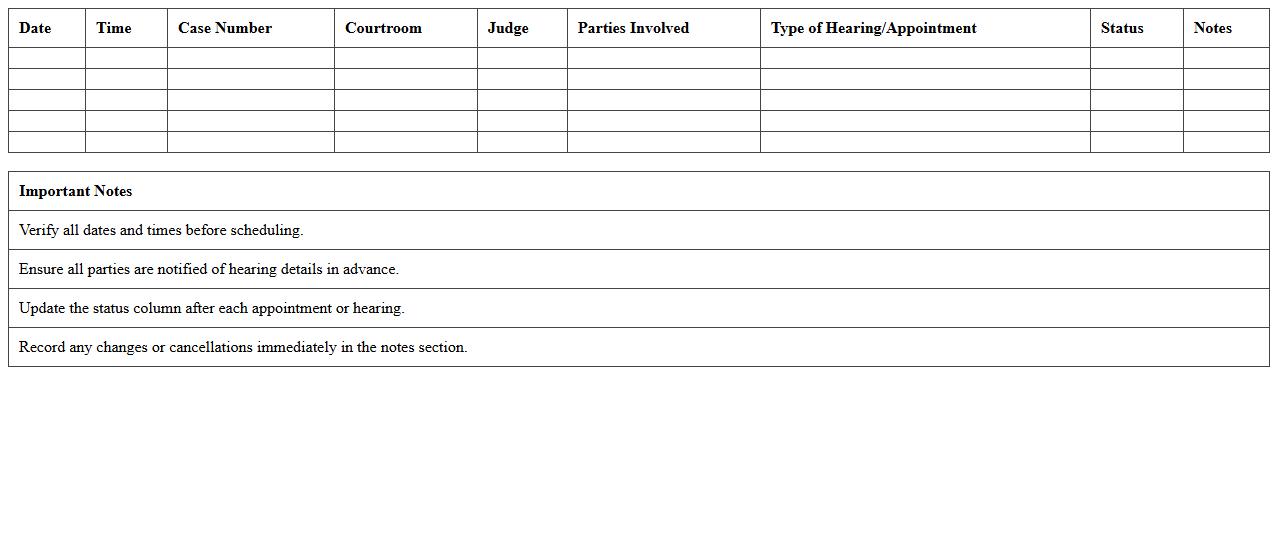 Court Hearings and Appointments Schedule Sheet