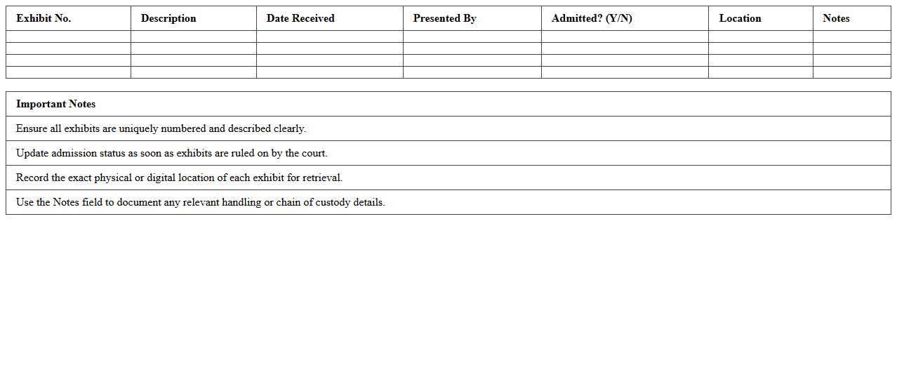 Courtroom Exhibit Tracking Spreadsheet Template