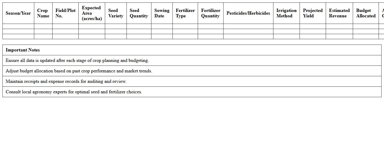 Crop Planning and Budget Allocation Excel Sheet