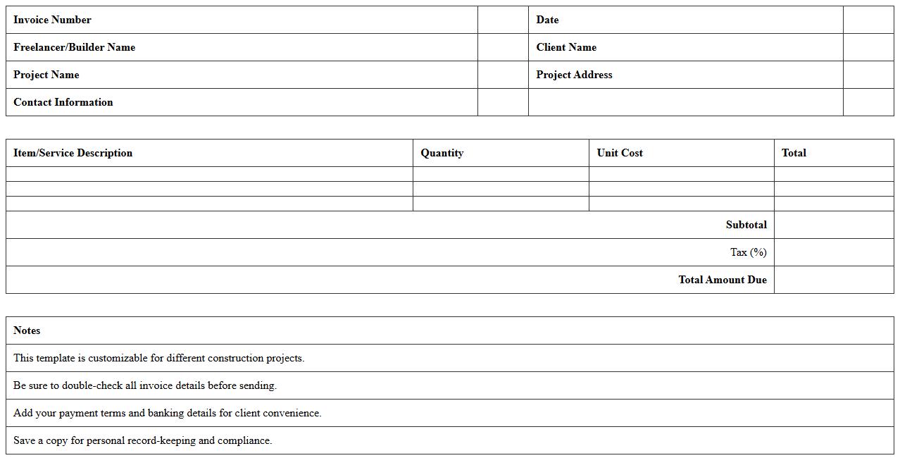 Custom Project Construction Invoice Excel Template for Freelance Builders